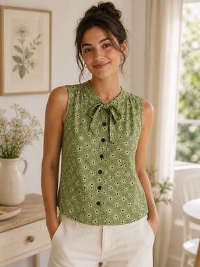 Vintage Sleeveless Green Molecular Science Tie-Neck Top